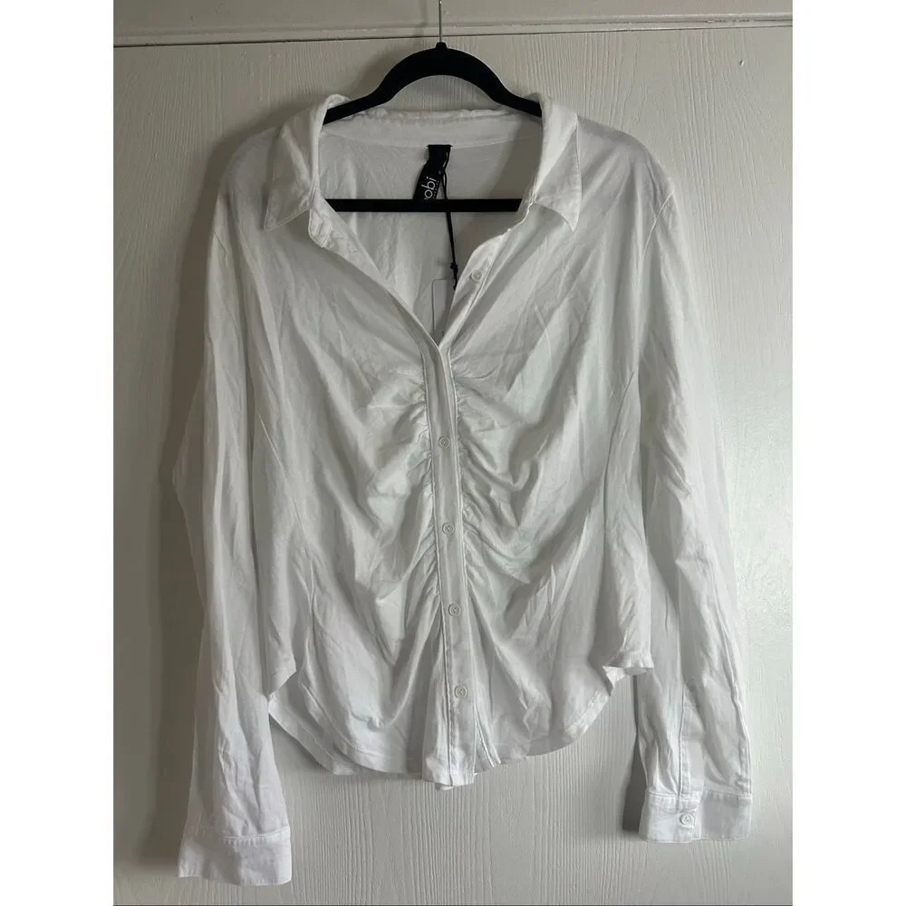 bobi Button Front Shirred Placket Tee in White Size XL
